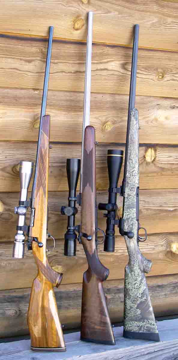 The .22-250 Remington is a highly versatile cartridge for varmints and predators. Examples include (left to right): a Weatherby Mark V Varmint Master, Kimber 84M and a Savage Model 10 Predator Hunter Max.